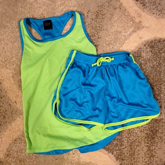 2 piece set tank and shorts teal and lime green mesh girls size 10-12 - Picture 1 of 7
